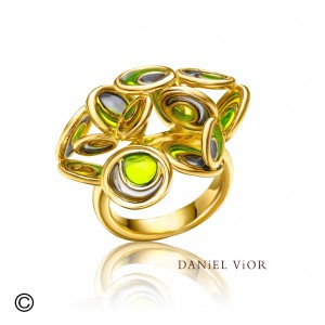 Daniel Vior zilveren ring geelgoud verguld, Opuntia, groene emaille - 210269