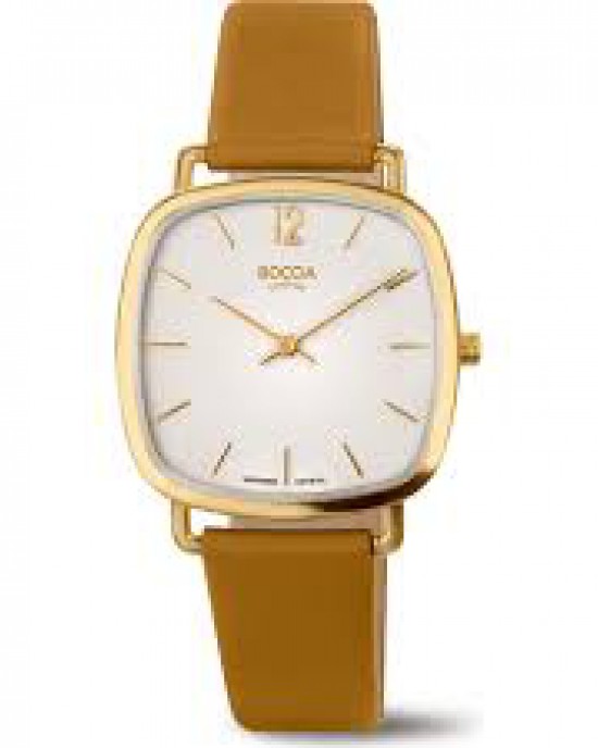 Boccia titanium horloge , kussenvormige kast geel verguld, voorzien van saffierglas en een lederen band - 215344