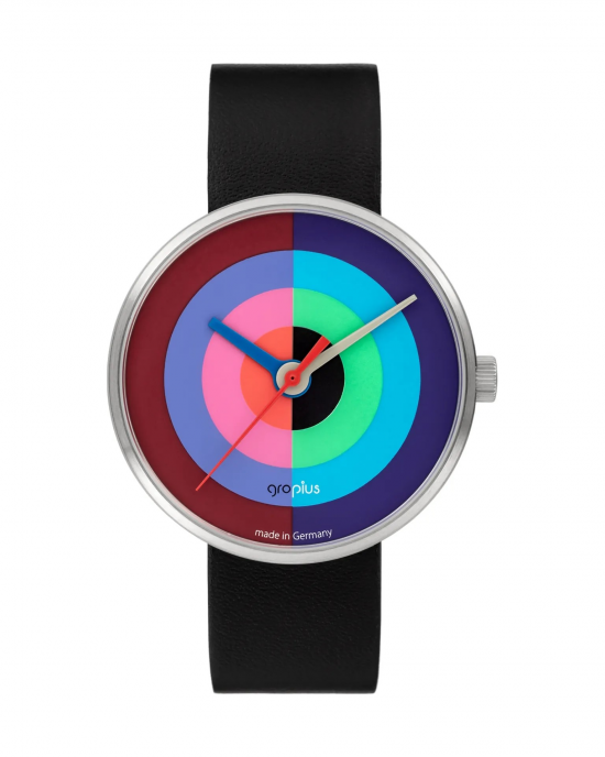 Walter Gropius Bauhaus horloge " J.Albers " stalen kast , gekleurde wijzerplaat + lederen band - 210550