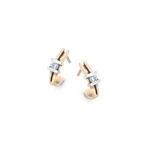 14 krt bicolor gouden ( geel-wit ) Spring By R&C stekercreolen model 95 verfraaid met 2 x 0.03 ct P/W - 210627