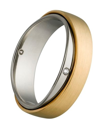 14 krt wit en geelgouden Aller Spanninga partnerring " gekruiste banden mat en glanzend " model 405 AS, 6 mm x 2 mm,verfraaid met 2 x 0.01ct  briljant geslepen diamanten  TW/VVS, ringmaat 17,5 - 213151