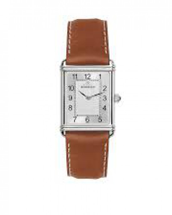 Michel Herbelin horloge  Art Deco, zwitsers uurwerk, stalen kast met zilverkleurige wijzerplaat en arabische indexen + lederen band + saffierglas - 211099