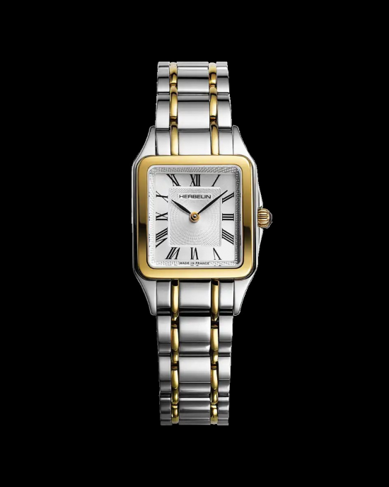 Herbelin horloge " Luna square " zwitsers uurwerk, bicolor stalen kast en band,  saffierglas , wijzerplaat zilverkleur met romeinse index - 211107