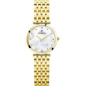 Michel Herbelin horloge " Epsilon " zwitsers uurwerk; extra platte PVD geel verguld stalen kast en band,  saffierglas , lichte parelmoerwijzerplaat + briljant - 211114