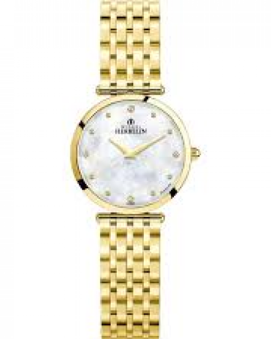 Michel Herbelin horloge " Epsilon " zwitsers uurwerk, extra platte PVD geel verguld stalen kast en band,  saffierglas , lichte parelmoerwijzerplaat + briljant - 211114