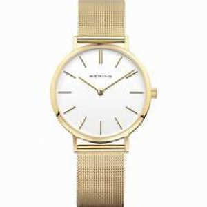 Bering Dames horloge waarvan kast en milanaise band geel verguld zijn, lichte wijzerplaat en saffierglas, 14134-331 - 211145