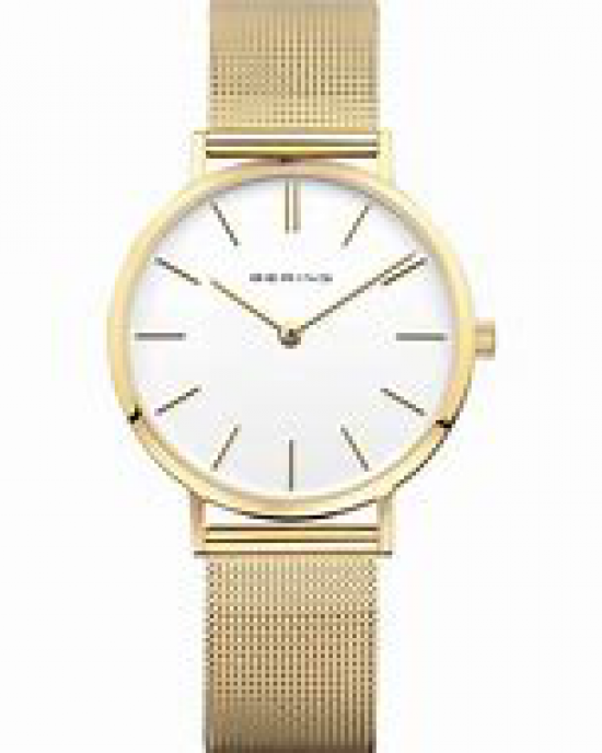 Bering Dames horloge waarvan kast en milanaise band geel verguld zijn, lichte wijzerplaat en saffierglas - 211145