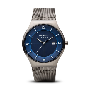 stalen Bering Solar horloge, blauwe wijzerplaat en met stalen milanaise band, refnr 14440-007 - 211149