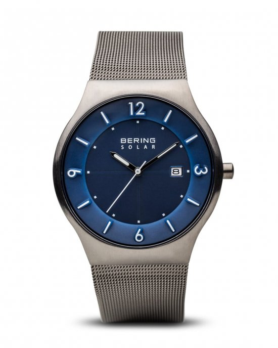 stalen Bering Solar horloge, blauwe wijzerplaat en met stalen milanaise band, refnr 14440-007 - 211149