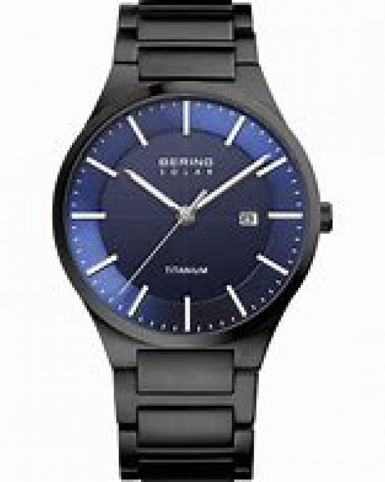 Titanium Bering Solar herenpolshorloge,  modelnr 15239-727 voorzien van een titanium horlogeband, blauwe wijzerplaat, datum en saffierglas - 211155