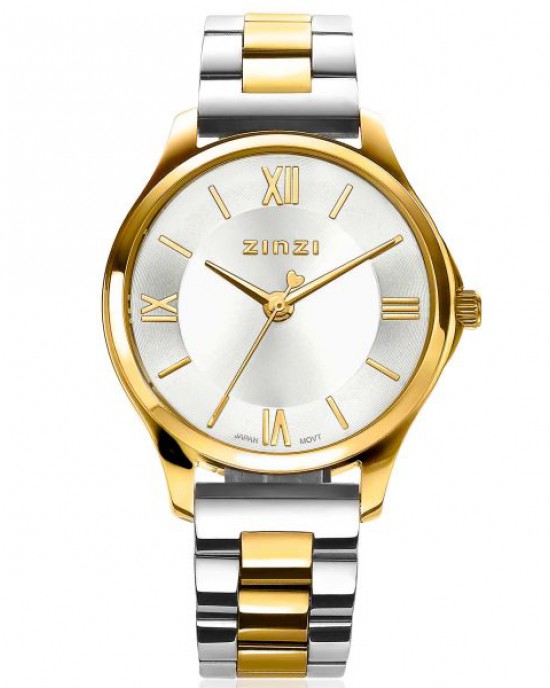 Zinzi horloge " Classy Mini 30 mm " kast is  staal geelverguld met een bicolor stalen band , lichte wijzerplaat + secondewijzer - 211567