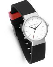 Jacob Jensen horloge model 193 Timeless Nordic, zilverkleurige wijzerplaat + rood accent + saffierglas en voorzien van rubberen band - 214749