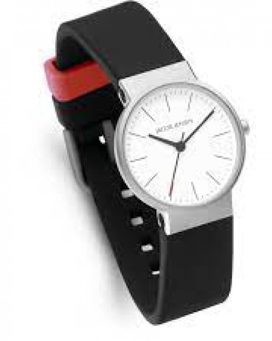 Jacob Jensen horloge model 193 Timeless Nordic, zilverkleurige wijzerplaat + rood accent + saffierglas en voorzien van rubberen band - 214749