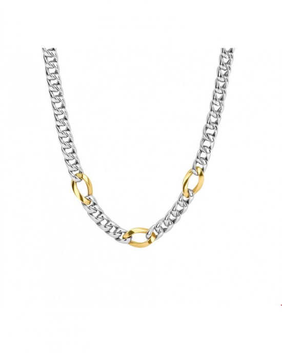 zilveren gerhodineerde bol geslepen gourmet collier verfraaid met drie 14 krt geelgouden schakels lengte 45 cm en breedte 8,5 mm - 211609