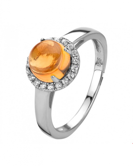 zilveren gerhodineerde kleursteen fantasie entouragering , citrien met krans van zirconia's - 211595
