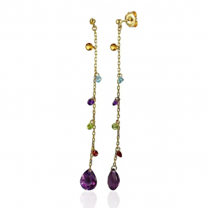 14 krt geelgouden kleursteen oorhangers waaraan een gouden ankerschakel bungelen : amethyst, topaas en peridot - 211680