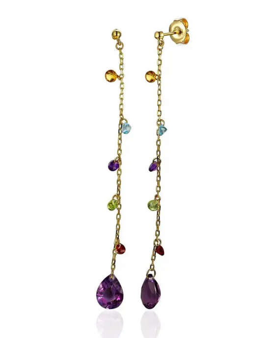 14 krt geelgouden kleursteen oorhangers waaraan een gouden ankerschakel bungelen : amethyst, topaas en peridot - 211680