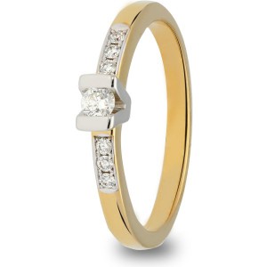 14 krt bicolor gouden briljant ring, middensteen in V-zetting 0.09 ct en 6 x 0.01 ct zijstenen / H-si - 211684