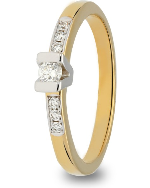 14 krt bicolor gouden briljant ring, middensteen in V-zetting 0.09 ct en 6 x 0.01 ct zijstenen / H-si - 211684