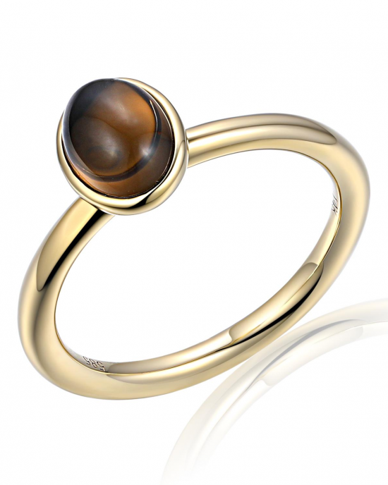 14 krt geelgouden fantasie kleursteenring voorzien van een ovale rookkwarts ( 1,07 ct ) cabochon geslepen. Goed om in combinatie te dragen - 211696