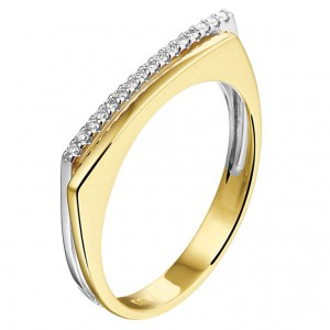 14 krt bicolor moderne fantasie pavé briljanten ring, in het witgouden gedeelte zitten 16 x 0.005 ct briljant geslepen diamanten gezet; totaal 0.08 ct H/Si - 211691