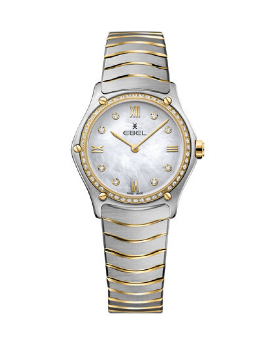 Ebel Sport Classic Lady 29 mm , band en kast is een combinatie van staal + 18 krt geelgoud wijzerplaat wit parelmoer incl 8 x briljant + lunette volledig bezet met briljant - 211897