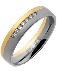 14 krt wit en geelgouden Aller Spanninga partnerring mat model 440 AS : 4,5 mm x 1,6 mm,verfraaid met 7 x 0.015 ct  briljant geslepen diamanten  TW/VVS, ringmaat 17,5 - 213152