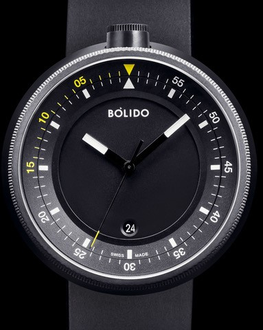 Bolido X design horloge, automaat swiss made, model CD, stalen kast welke zwart gecoat is aan beide zijde's een saffierglas,zwarte wijzerplaat met gele accenten 5 atm WD - 213046