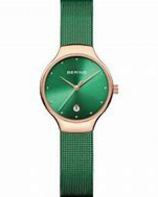 Bering dames horloge ronde kast rosé verguld met groene plaat, milanaise band is groen gecoat, refnr 13326-868 - 212137