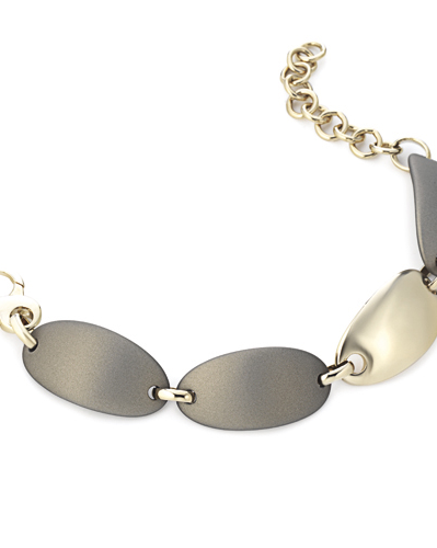 Marcello Pane fantasie armband bestaande uit een combinatie van zilveren schakels geel verguld en olijfkleurig gevulkaniseerde rubberen schakels, ca 20 cm - 212470