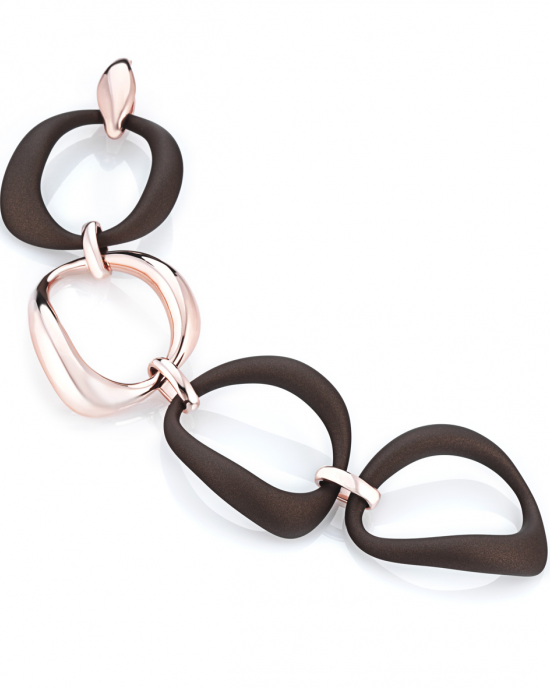 Marcello Pane fantasie armband bestaande uit een combinatie van zilveren schakels rosé verguld en bruin gevulkaniseerde rubberen schakels, ca 20 cm - 212473