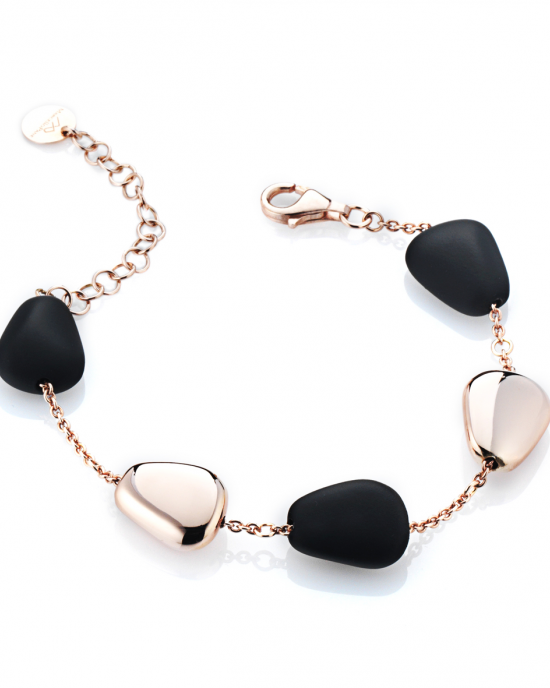 Marcello Pane fantasie armband bestaande uit een combinatie van zilveren schakels rosé verguld en zwart gevulkaniseerde rubberen schakels, ca 20 cm - 212478