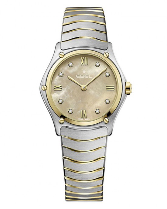 Ebel Sport Classic Lady 29 mm ,band en kast is een combinatie van staal + 18 krt geelgoud en pvd, wijzerplaat Beige parelmoer incl 8 x briljant, voorzien van een vouwsluiting - 212521