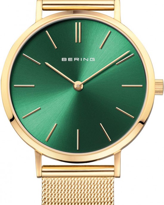 Bering Horloge kast en milanaise band geel verguld en groene wijzerplaat; 14134-338. - 212779