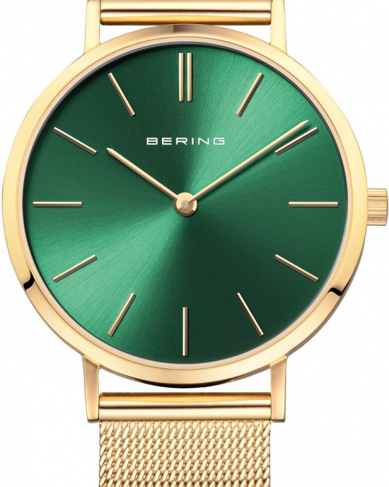 Bering Horloge kast en milanaise band geel verguld en groene wijzerplaat, 14134-338. - 212779