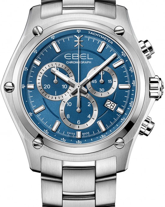 Stalen Ebel " Discovery Chronograph Quartz " met Blauwe wijzerplaat en tevens een extra door de klant zelf te plaatsen rubberen band, met datum, 100 m WD en saffierglas - 212894