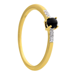 14 krt geelgouden fantasie ring met een cabochon geslepen onyx in het midden en aan weerszijden 3 x 0.005 ct ( totaal 0.03 ct G/Si ) - 212829