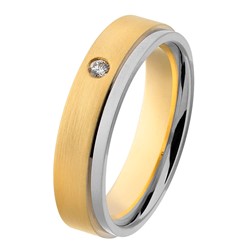 14 krt geel en witgouden Aller Spanninga partnerring, model 431 AS : 4,7 mm x 1,8 mm, mat en gepolijst, verfraaid met 1 briljant geslepen diamant 0.03 ct TW/VVS, ringmaat 18 - 213147