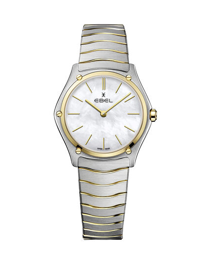 Ebel Sport Classic Lady Grande 33 mm , band is staal met PVD geel en de kast is een combinatie van staal + 18 krt geelgoud, wijzerplaat wit parelmoer met streepindex, voorzien van een vouwsluiting, refnr 1216510A - 213362