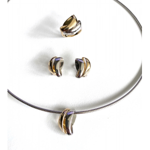 14 krt bicolor gouden NG hanger, Fantasievorm met één baan in witgoud gerhodineerd ena dere baan geelgoud, geheel gepolijst - 213505