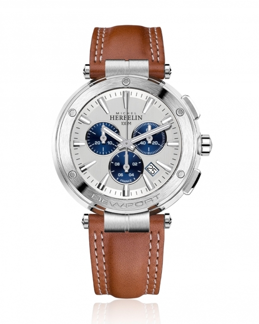 Michel Herbelin " Newport chrono " stalen kast met witte wijzerplaat + blauwe subwijzerplaten en voorzien van een lederen band - 213656