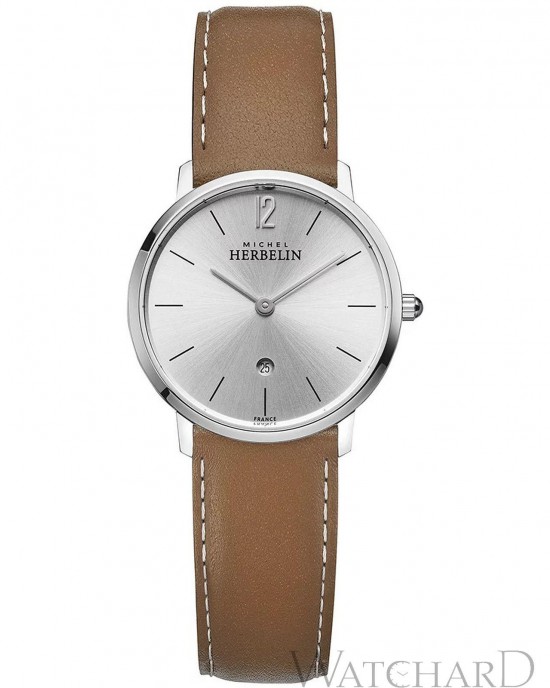 Michel Herbelin horloge " Classique City " stalen kast met zilverkleurige wijzerplaat en streepindex, voorzien van bruine lederen band - 213744