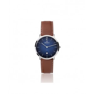 Michel Herbelin horloge " Classique City " stalen kast met blauwe wijzerplaat en streepindex, voorzien van bruine lederen band - 213743