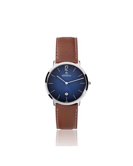 Michel Herbelin horloge " Classique City " stalen kast met blauwe wijzerplaat en streepindex, voorzien van bruine lederen band - 213743