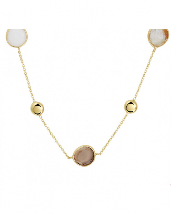 14 krt geelgouden collier met wit -  en rookkwarts en goud-rutiel - 213840