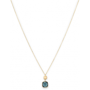 14 krt geelgouden ankerschakel Monzario lengte colliertje, 43+ 2 cm, waaraan een mat kussenvormig hangertje en waaronder een gefacceteerd London Blue topaas hangt in een gepolijste geelgouden rand, lengte 45 cm, refnr 1156C Geel - 213817