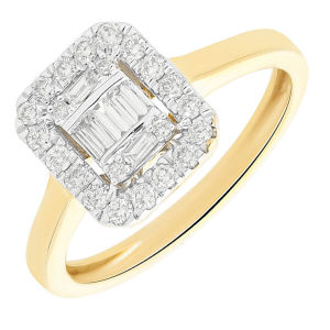 14 krt geelgouden fantasie entourage ring met 5 baguette geslepen diamanten 0.13 ct en 22 briljant geslepen diamanten totaal 0.25 ct G/Si - 213993