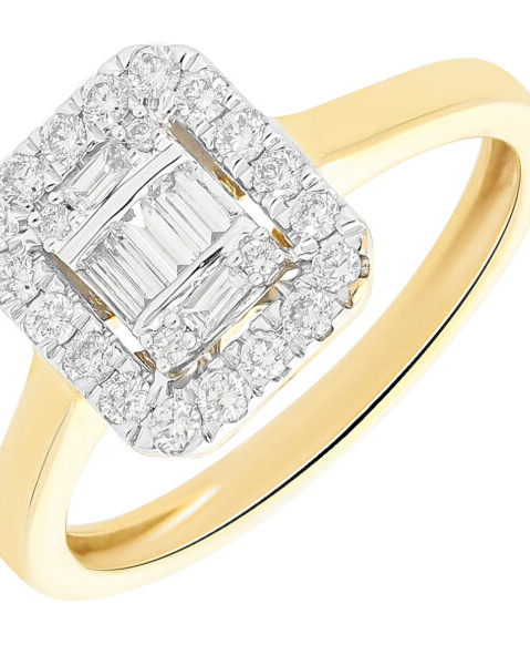 14 krt geelgouden fantasie entourage ring met 5 baguette geslepen diamanten 0.13 ct en 22 briljant geslepen diamanten totaal 0.25 ct G/Si - 213993