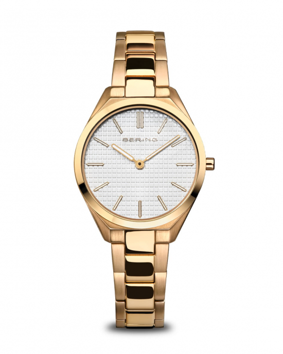 Bering horloge uit de Ultra Slim lijn, kast en schakelband van staal en dan volledig geel verguld, lichte wijzerplaat en saffierglas - 214174