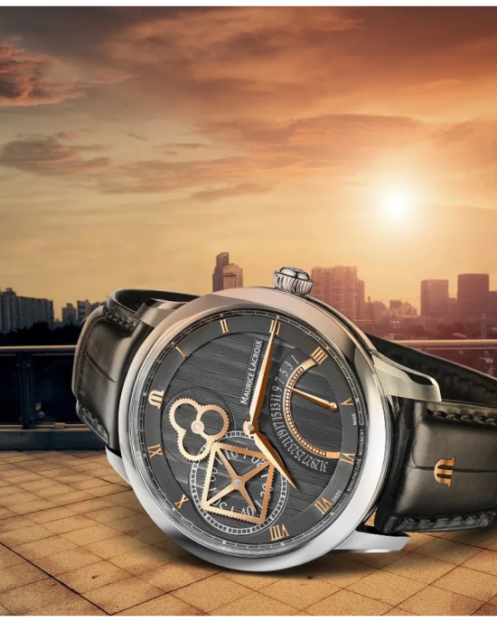 Maurice Lacroix " Masterpiece Square Wheel Retrograde " automatisch uurwerk uniek door zichtbaar 4-kant rad en een retrograde kalender complicatie, stalen kast en kalfslederen band met alligator print en voorzien van een vouwsluiting - 214200